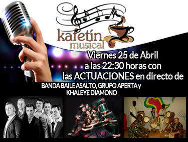Actuaciones del 25 de abril de 2014 a las 22:30 horas en Plaza Elíptica Centro Comcial de Vigo: BANDA BAILE ASALTO, GRUPO APERTA y  KHALEYE DIAMONO